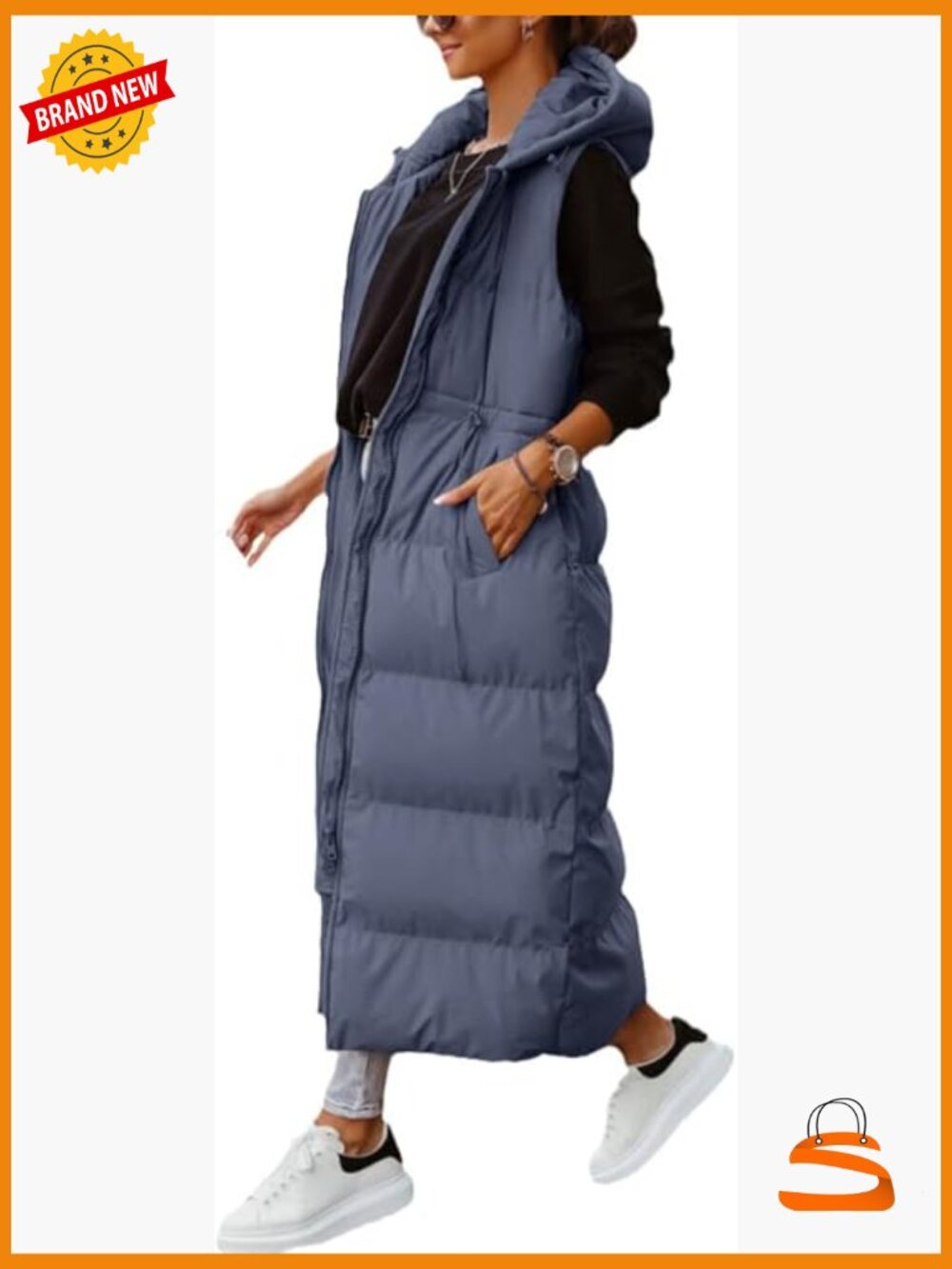 Long Quilted Puffer Vest Hooded Maxi Length Sleeveless Winter Coat Outerwear